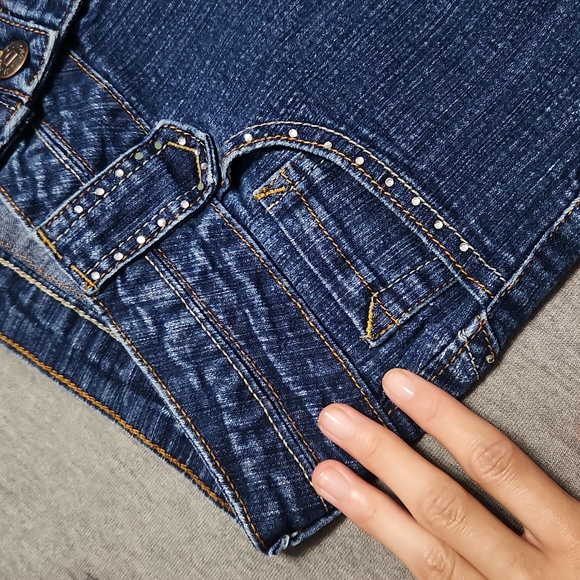 Y2K DIAMANTE Rhinestone Bedazzled Denim Blue Jean Bermuda Shorts Jorts - Picture 7 of 11